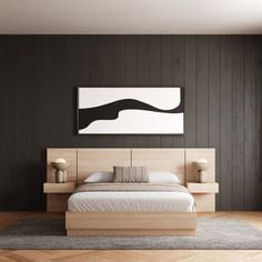 a modern bedroom with wood paneling and black walls