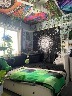 a bed room with a neatly made bed and lots of plants