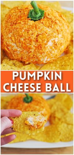 pumpkin cheese ball on a plate with text overlay