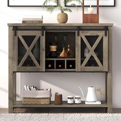 an entertainment center with two doors and shelves