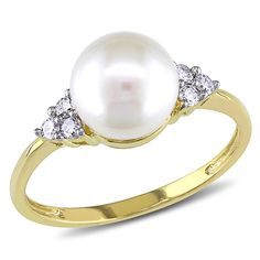 10K yellow gold ring with one 7.5-8 millimeter round white freshwater cultured pearl and 6 round brilliant cut diamonds weighing approximately 1/8 ct. tw. | 1/8 ct. tw. Freshwater Pearl & Diamond Ring | 10K Yellow Gold | Round Brilliant Cut | Size 3.5 | Helzberg Diamonds Pearl Diamond Ring, Yellow Gold Cocktail Ring, Helzberg Diamonds, Pearl And Diamond Ring, Diamond Fashion Rings, Peoples Jewellers, Gold Cocktail Ring, Gold Cocktail, Pearl Types