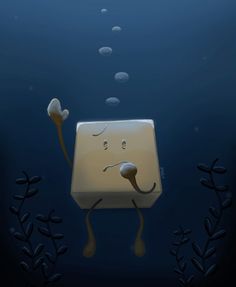 an illustration of a square object floating in the water with its mouth open and eyes closed