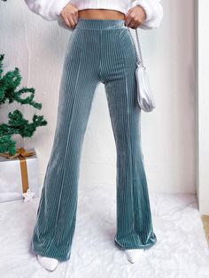 High Waist Velvet Flare Leg Trousers Blue Elegant   Flannelette Plain Flare Leg High Stretch  Women Clothing, size features are:Bust: ,Length: ,Sleeve Length: Flare Corduroy Pants, Color Castaño, Corduroy Flare Pants, Graduation Outfits, Velvet Flares, Bootcut Pants, Flare Leg Pants, Flared Pants, High Waisted Trousers