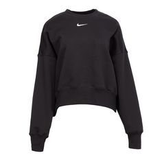 You'll have that cozy feeling of an oversized hoodie in the Nike Phoenix Fleece Oversize Crew Women's Sweatshirt. The cut, however, sets it apart from all the other sweatshirts/hoodies currently in your closet. With its relaxed look, it'll go perfectly with your fave pair of jeans. Features: Long-sleeved. Fitted hem and cuffs. Features Nike Swoosh on chest. Details: Hoodless. Crew neck. Nike Women Sweater, Nike Phoenix Fleece, Nike Black Hoodie, Nike Branding, Nike Sweats, Nike Long Sleeve, Crew Cut, Nike Brand, Crew Cuts