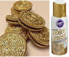 some gold coins are next to a bottle of color mist and an image of them