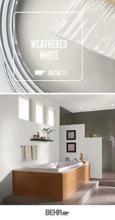 two different views of a bathroom with tub and shower