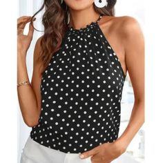 New Polka Dot Halter Neckline Tank Top In Black / White Size M Nwot Features: Polka Dot, Halter Neckline, Sleeveless, Keyhole Back Color: White / Black Size: M Condition: New. No Visible Flaws. Excellent Condition. Material: Polyester Eyelet Sweater, Shirt Blouses Women's, Front Tie Shirt, Women Tank Tops, Leopard Print Blouse, Halter Tops, Black White Fashion, Green Blouse, Embroidered Top