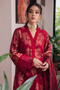 Nureh NJ-88 Maya Jacquard Collection Original brand suit fabric and photography lite diffrance in actual print. Red Digital Print Unstitched Wedding Suit, Red Unstitched Wedding Suit With Digital Print, Red Printed Lawn Suit For Wedding, Elegant Printed Formal Sets, Elegant Red Silk Lawn Suit, Elegant Red Lawn Suit With Intricate Embroidery, Elegant Red Lawn Suit For Eid, Wedding Lawn Suit In Red With Printed Details, Elegant Fitted Suits With Printed Motifs