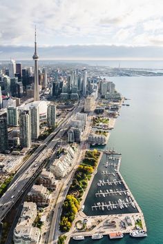 an aerial view of a city and harbor