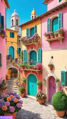 an alleyway with colorful buildings and potted flowers on the steps leading up to them