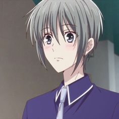 an anime character with grey hair wearing a blue shirt and tie looking at the camera