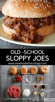 an old school sloppy joes sandwich on a plate with the recipe below it and other side dishes