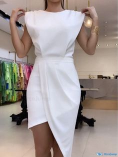 Orcajump - Fashionable Sleeveless Backless Bodycon Mini Dress with Asymmetrical Hem and Solid Color Round Neck Simple Lace Dress, Asymmetrical Hem, Bodycon Mini Dress, Asymmetric Hem, Types Of Collars, Lace Dress, Types Of Sleeves, Round Neck, Solid Color