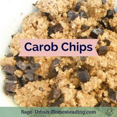 a close up of food in a bowl with the words carob chips above it