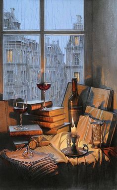 a painting of a table with wine, books and candles in front of a window