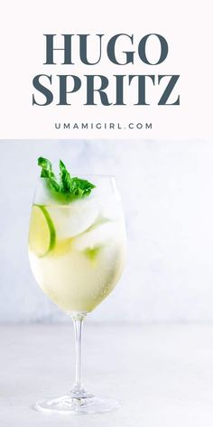 a drink in a wine glass with lime and mint garnish on the rim