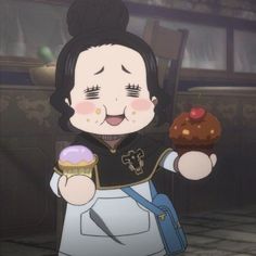 a cartoon character holding a cupcake in her hand