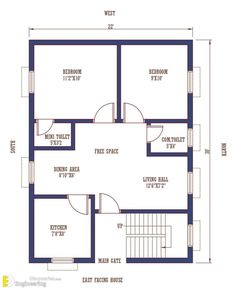 a blueprinted floor plan for a two bedroom house with stairs to the second floor