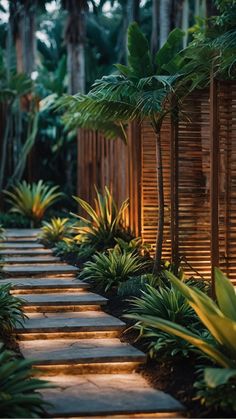 a garden with some plants and lights on it's sides, along with steps that lead up to the trees