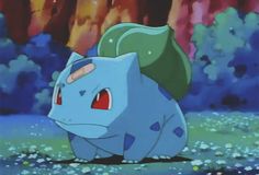 an animated image of a blue and green pokemon with red eyes standing in front of some rocks