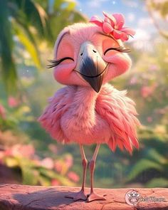 a pink flamingo with a flower in its hair standing on top of a rock