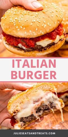 the ultimate italian burger is made with cheese, tomato sauce and meat it's ready to be eaten