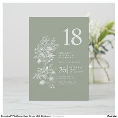 Botanical Wildflower Minimal Floral Sage Green 18th Birthday Invitation | Adult Birthday Invitations | Botanical Minimal Floral Sage Green 18th Invitations | eighteen years Birthday Celebration Sage Green 18th Birthday, Green Birthday Invitations, 18th Birthday Invitation, Adult Birthday Invitations, 18th Birthday, You Are Invited, Invitation Card, Birthday Party Invitations, Birthday Celebration