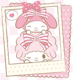 a hello kitty photo frame with a pink bow on it's head and an image of a cat in the background