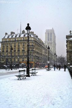 people walking in the snow on a city street with tall buildings and benches covered in snow