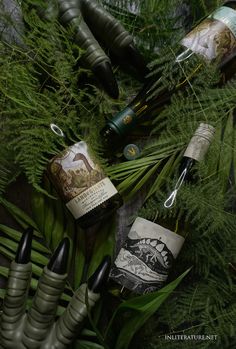 several bottles of wine sitting in the middle of some green plants and leaves on top of each other