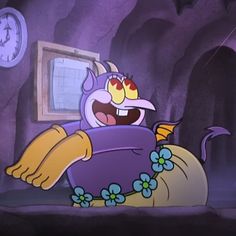 an animated character is sitting in front of a clock