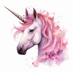 a watercolor painting of a unicorn's head with pink hair and a long horn