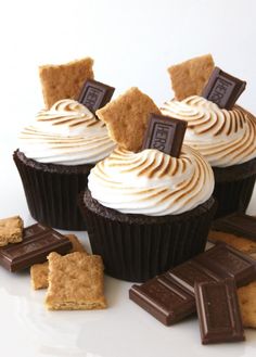 chocolate cupcakes with white frosting and graham crackers on the top, surrounded by cookies