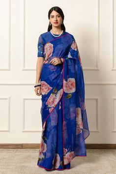 Cobalt blue saree featuring contrast rose print all over. Comes with an unstitched blouse piece. - Aza Fashions Print Saree, Blue Saree, Silk Organza, Printed Sarees, Rose Print, Blouse Piece, Aza Fashion, Cobalt Blue, Cobalt