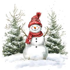 a watercolor painting of a snowman in front of some trees with a red hat and scarf on