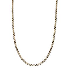 Worn by itself or with a pendant, this LYNX stainless steel box chain necklace adds a handsome finishing touch to your look. Worn by itself or with a pendant, this LYNX stainless steel box chain necklace adds a handsome finishing touch to your look. Metal: stainless steel Chain width: 5 mm Plating: ion plated Packaging: pouch Finish: polished Chain type: box Please note, due to the high value of this item, a signature may be required upon delivery. Size: 22". Color: Yellow. Gender: male. Age Gro Stainless Steel Necklace With Rectangular Links For Gifts, Classic Metal Necklace With Box Chain, Classic Metal Box Chain Necklace, Formal Stainless Steel Box Chain Necklaces, Everyday Stainless Steel Box Chain Necklaces, Rectangular Box Chain Necklace In Metal, Stainless Steel Box Chain Necklace, Yellow Gold Stainless Steel Box Chain Necklace, Stainless Steel Box Chain Necklace As Gift