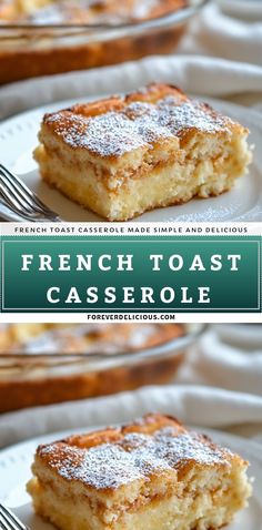 french toast casserole with powdered sugar on top and green text overlay