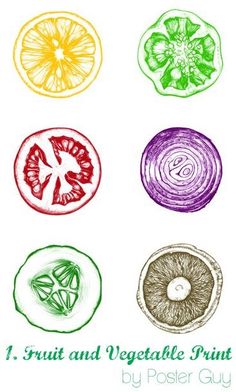 four different fruits and vegetables drawn in colored pencils with the words, fruit and vegetable print