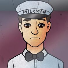 a man wearing a hat and bow tie with the word milkman written on it