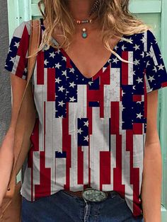 Product Name: Women's Flag Top American Flag Print Short Sleeve V-Neck T-Shirt Item NO.: 22282483 Weight: 0.2 kg = 0.4409 lb = 7.0548 oz Category: Clothing> Women> T-Shirts Tag: Summer, Flag, White, Red, Blue, New, Patriotic, top, new arrival, tee Creation Time: 2023-06-13 Hem Type: Regular Hem Collar/Neckline:V-NeckSleeve:Short SleeveThickness:Mid-weightDesign Elements:American Flag PrintStyle: CasualMaterial:95% Polyester 5% SpandexWashing Mode: Machine WashSize:S,M,L,XL,2XL,3XL,4XL,5XLWeight: Cheap Clothing, American Flag Print, Spring Outfits Women, Women T Shirts, Cheap Clothes, Holiday Festival, Clothing Women, Shirt Outfit, Printed Shorts