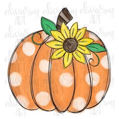 an orange polka dot pumpkin with a yellow flower