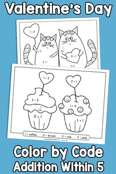 valentine's day color by code activity for kids with cupcakes and hearts