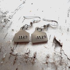 "Pewter Cattle Tag Earrings, tiny ear tag earrings. These earrings are hand stamped with your favorite numbers or letters of your choice, up to 4 numbers or letters. These tiny pewter earrings measure 1/2\"x5/8\" with a total drop of 1 1/4\" and hang, on  stainless steel ear wires, make a perfect gift for 4-h farm show. These earrings are also available in aluminum. Great birthday gift idea for daughter.  All Jewelry is made to order.   Please refer to our shop policy for more information about shipping and returns.  Hand Stamped Jewelry can have flaws and misalignments, each piece is unique and may have a slight difference than pictured.   Your purchase will be shipped in a gift box ready for giving." Cow Tag Earrings, Cattle Tags, Cow Tag, Pewter Earrings, Farm Wife, Ear Tag, Gifts For Colleagues, Earrings Ear, Hand Stamped Jewelry