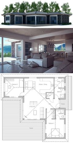 the floor plan for a modern house with two levels and an open living room area