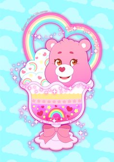 a pink teddy bear sitting in a basket with rainbows and stars on the side