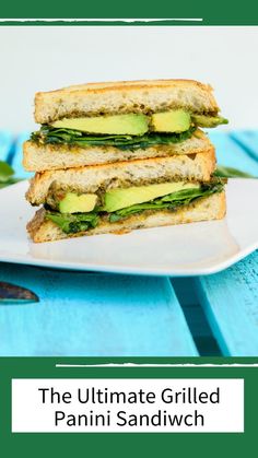 two sandwiches stacked on top of each other with avocado and cheese in the middle