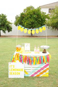 a lemonade stand is set up in the grass