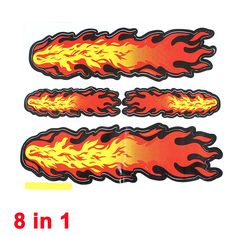 two stickers with flames on them in red, yellow and black colors are shown