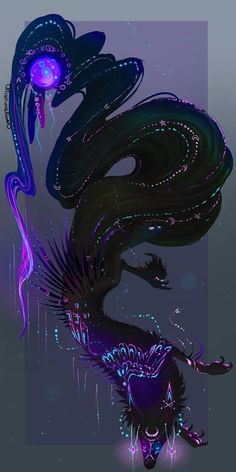 a digital painting of a dragon with blue and purple lights on it's wings