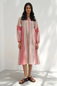 Pink handloom cotton dress with striped printed patchwork, constrasting stitch detailing at seams and small french knots work. - Aza Fashions Long Sleeve Striped Cotton Midi Dress, Striped Cotton Bohemian Dress, Bohemian Striped Cotton Dress, Spring Cotton Dress With Striped Hem, Spring Cotton Handloom Dresses, Payal Pratap, French Knots, Patchwork Dress, Band Collar